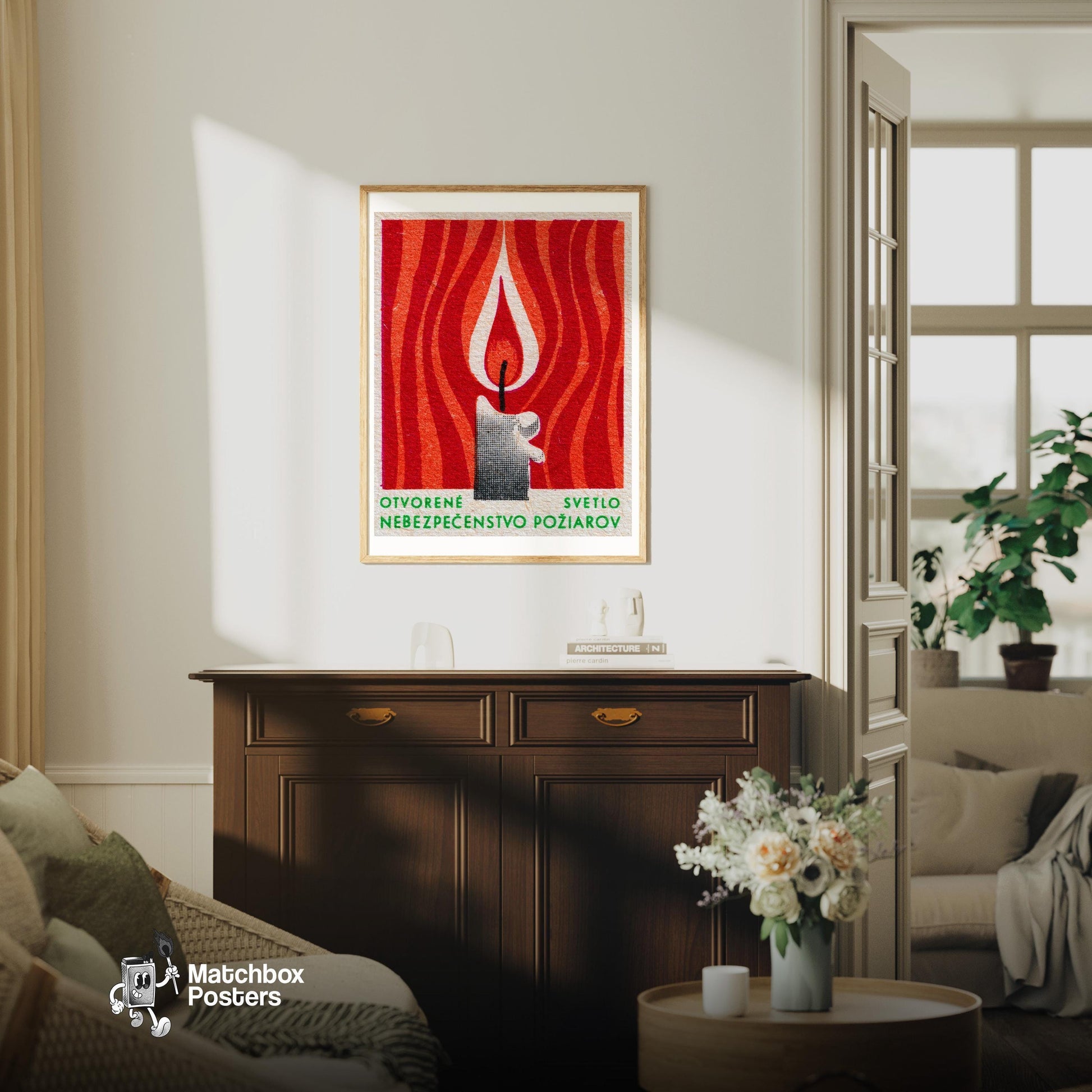 Flame - vintage matchbox label print - living room mockup