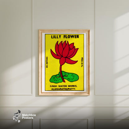 Red Lily Flower - vintage matchbox label print - bedroom mockup