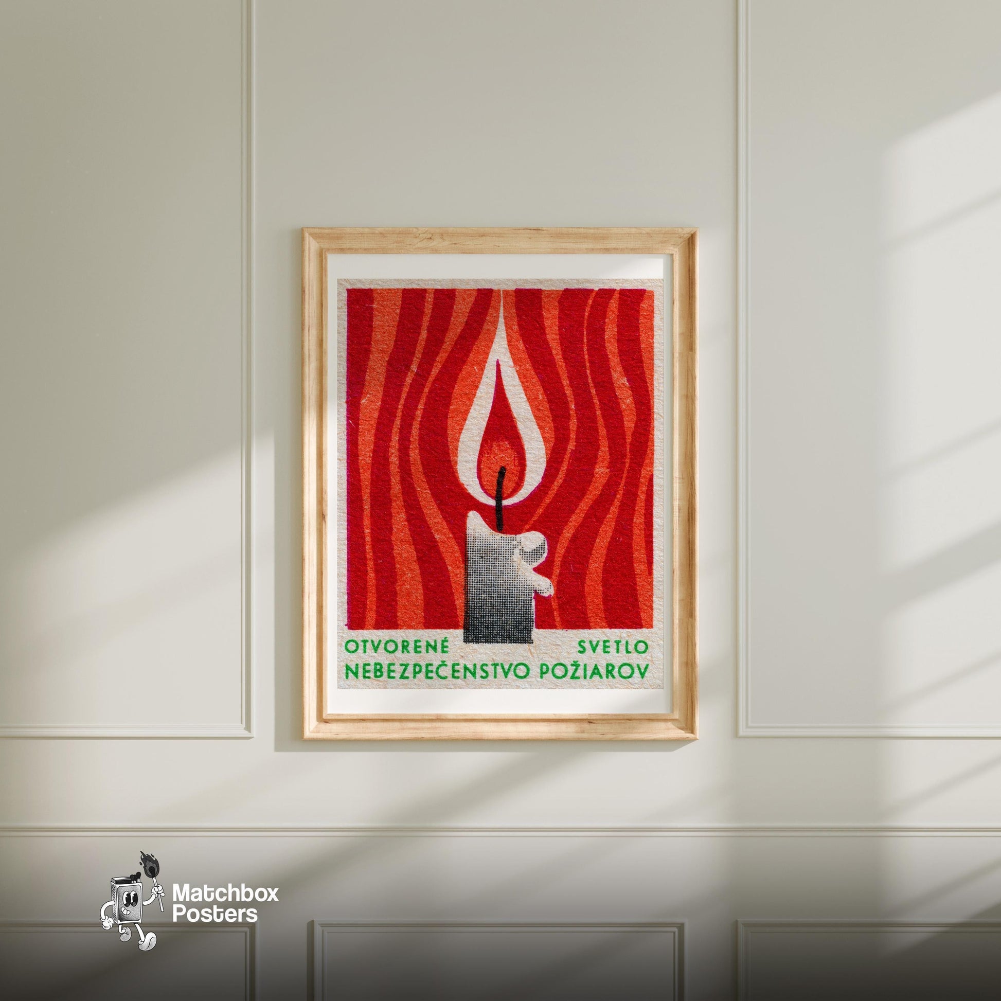 Flame - vintage matchbox label print - bedroom mockup