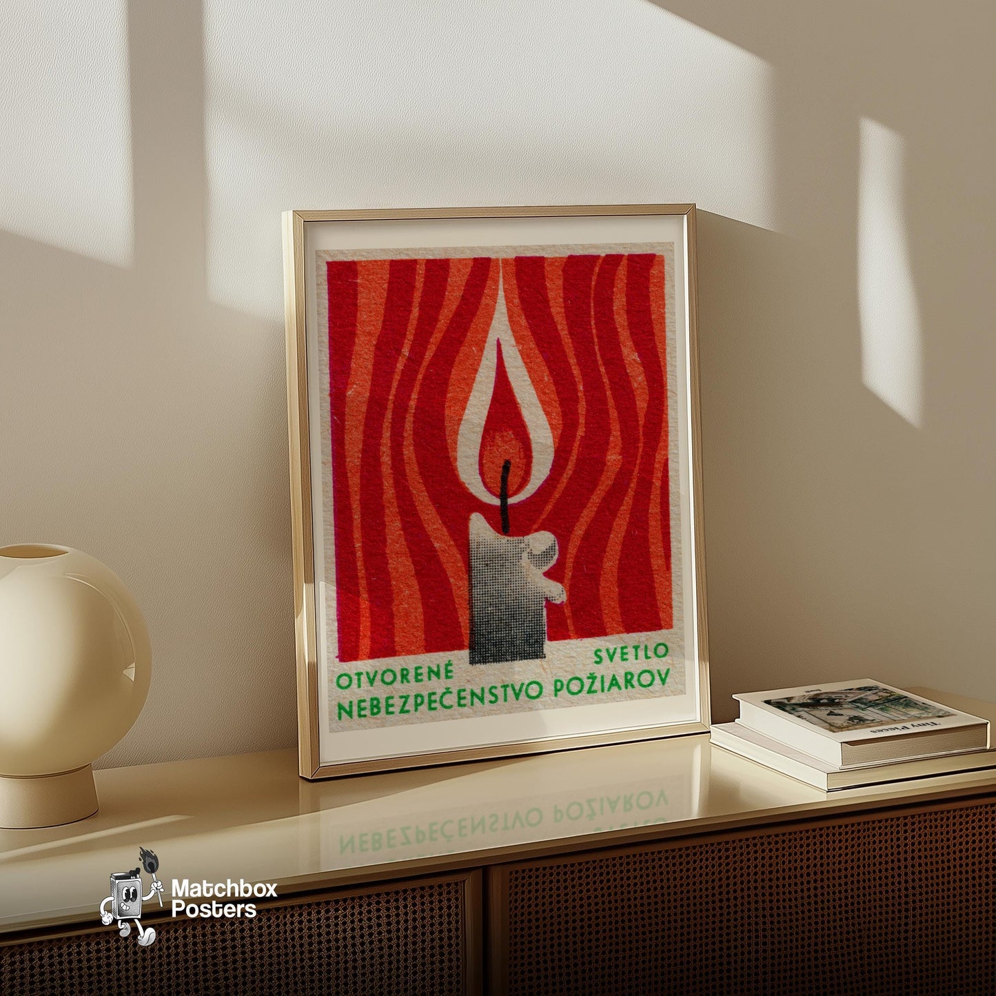 Flame - vintage matchbox label print - size comparison