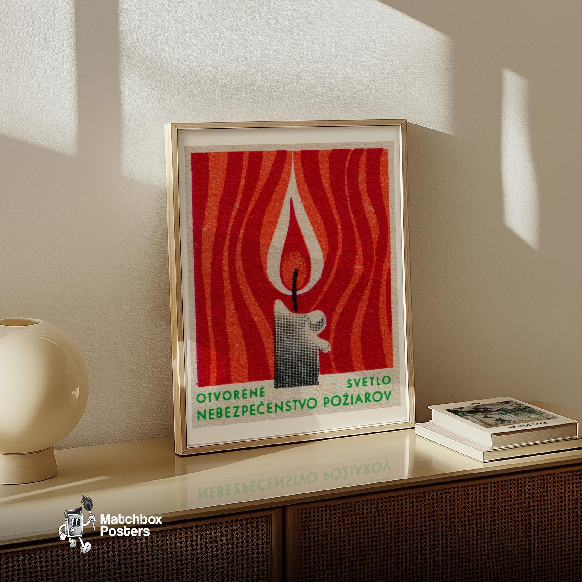 Flame - vintage matchbox label print - size comparison