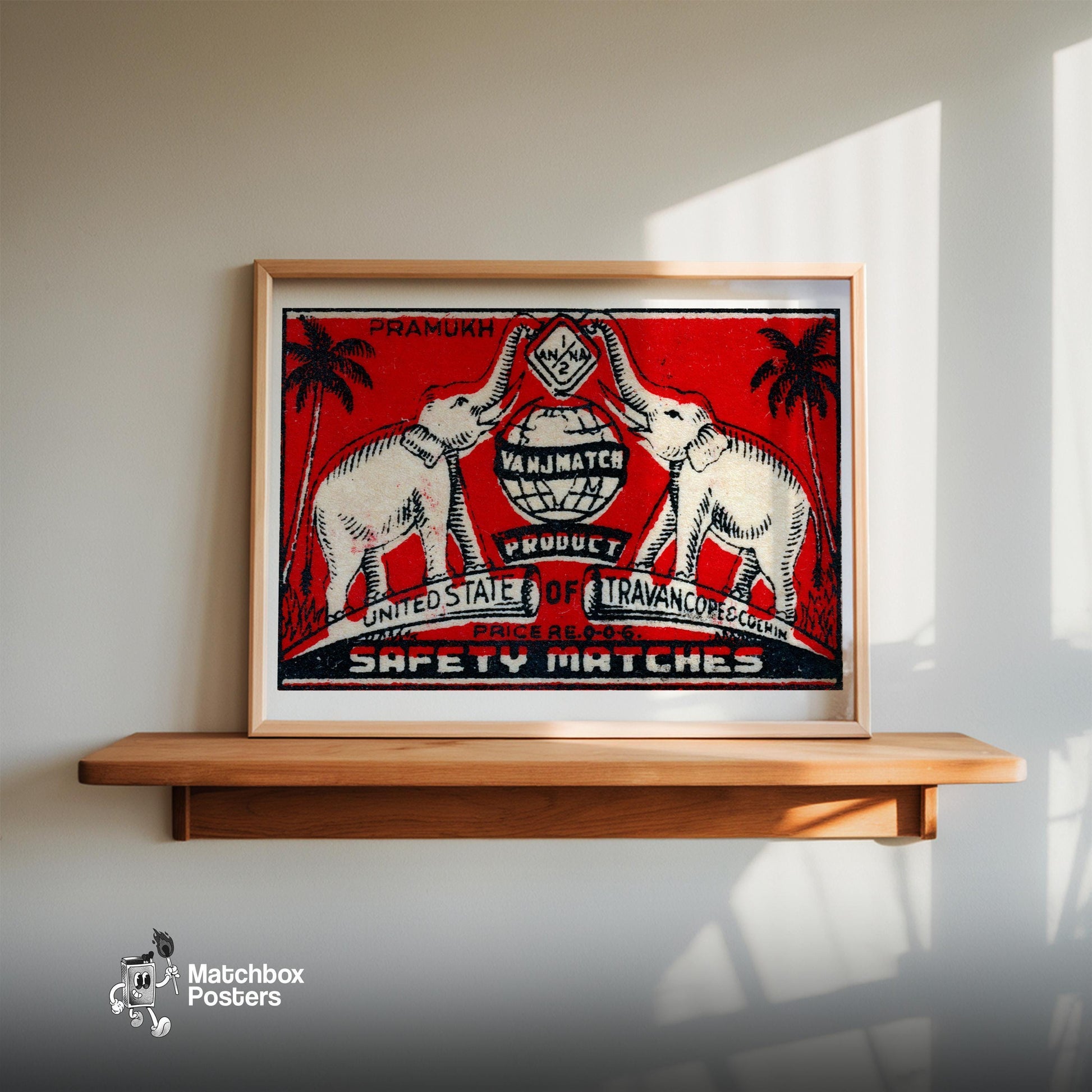 Travancore Elephants - vintage matchbox label print - size comparison