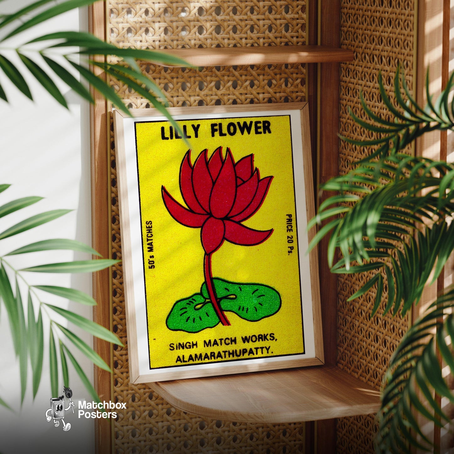 Red Lily Flower - vintage matchbox label print - office wall