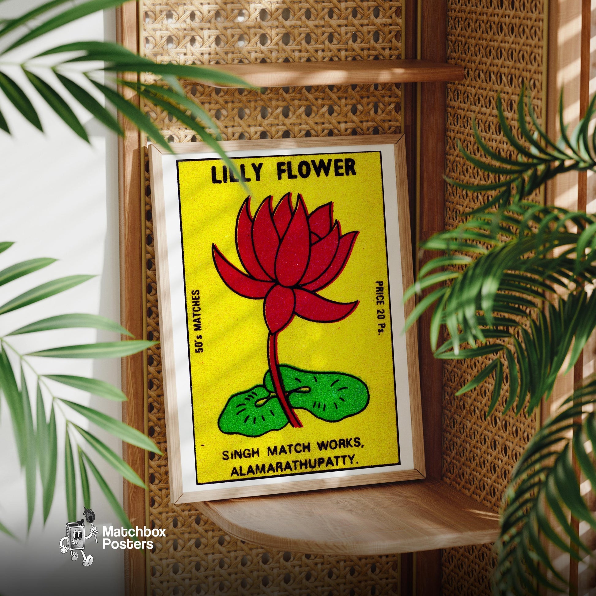 Red Lily Flower - vintage matchbox label print - office wall