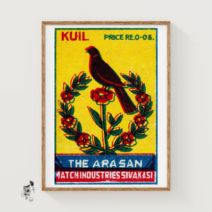 Black Bird Perched - vintage matchbox label print