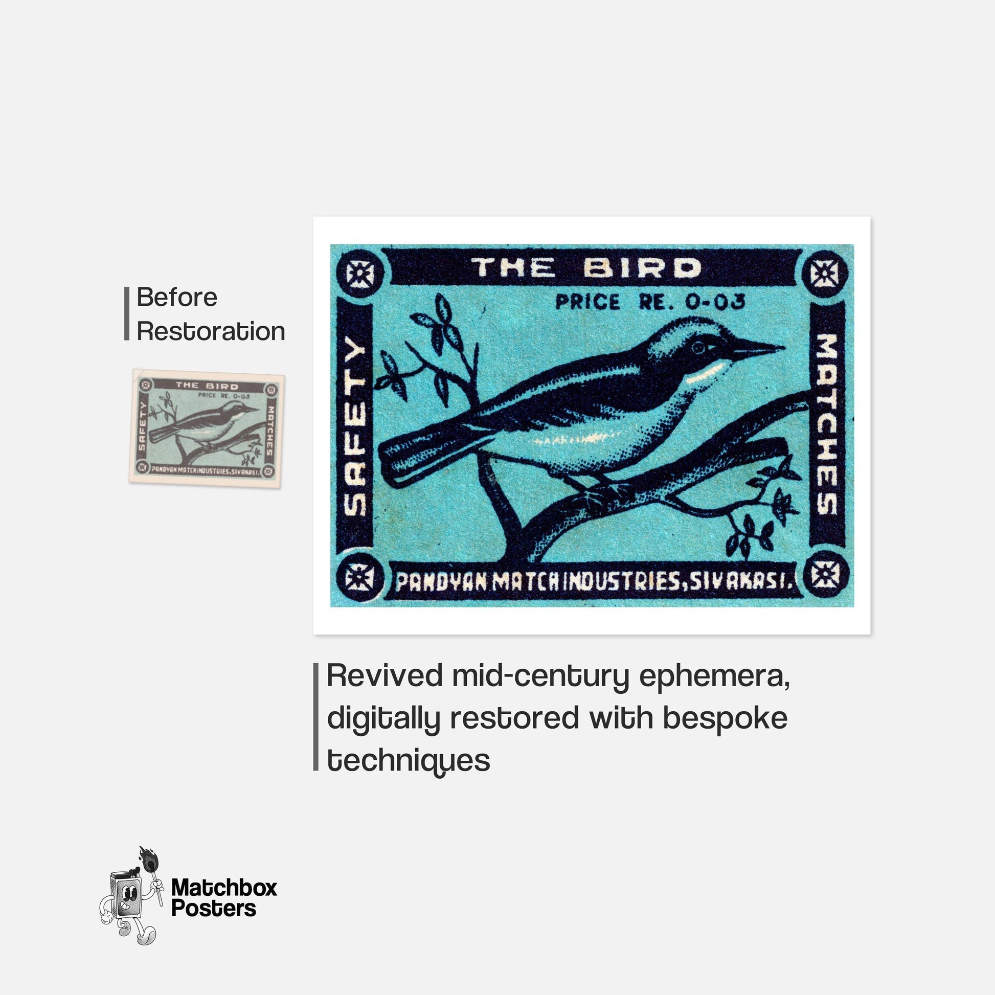 Blue Bird - vintage matchbox label print - framed wall art preview