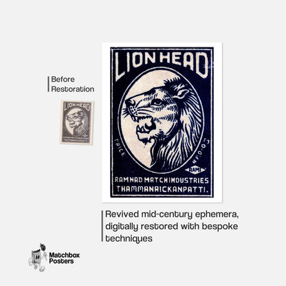 Lion Head - vintage matchbox label print - framed wall art preview
