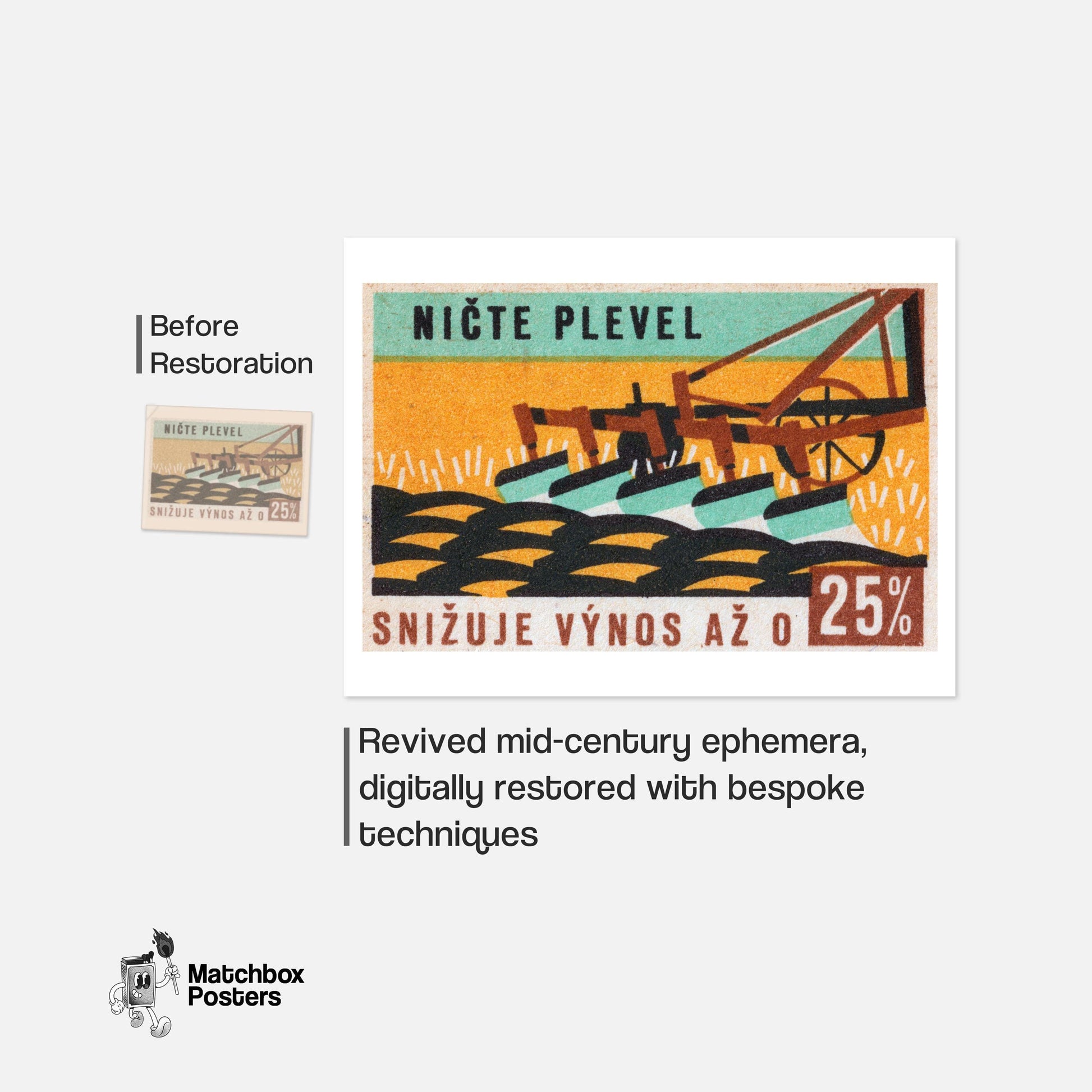 Plow in Field - vintage matchbox label print - framed wall art preview