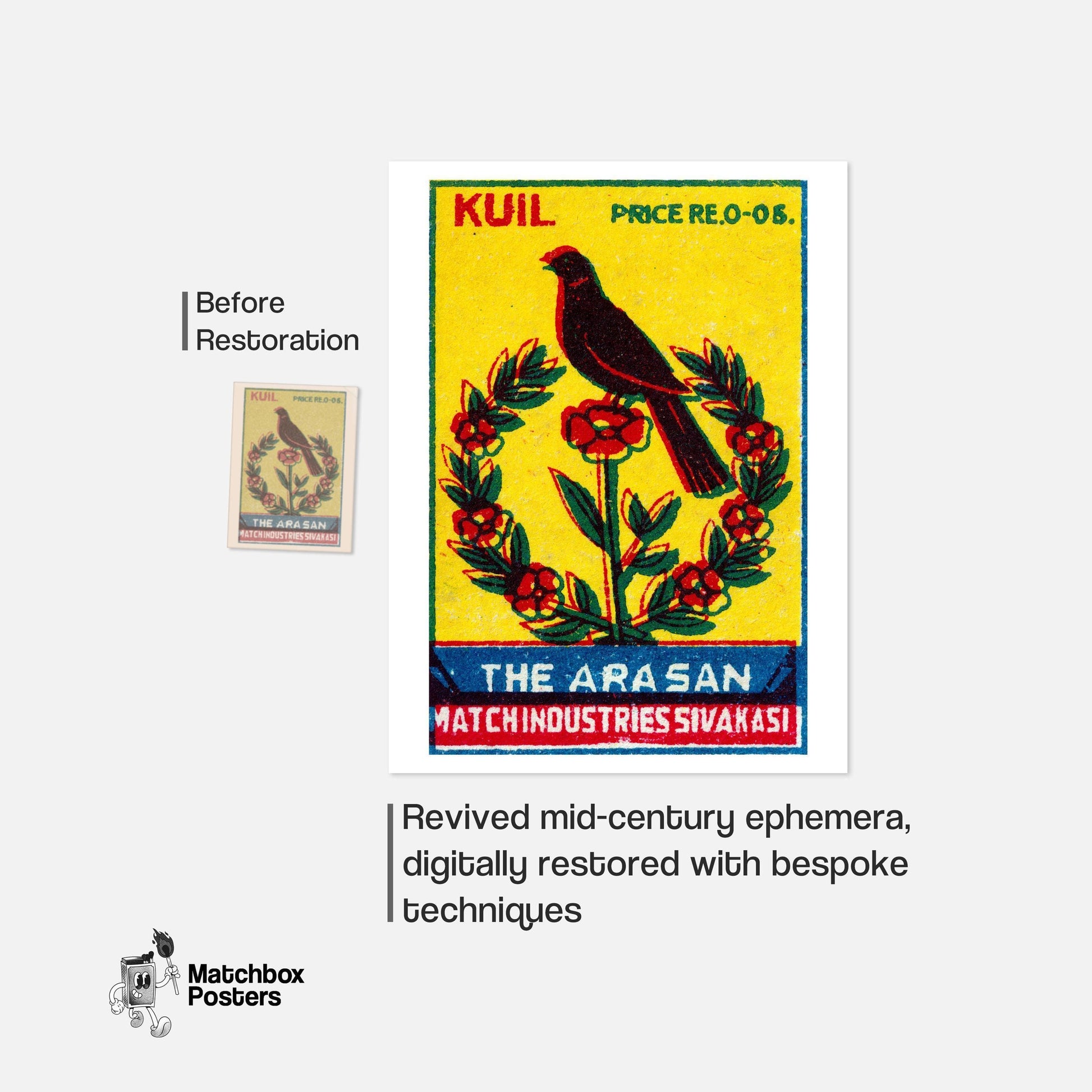Black Bird Perched - vintage matchbox label print - framed wall art preview