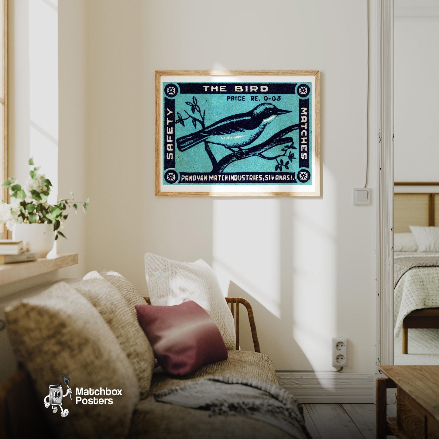Blue Bird - vintage matchbox label print - living room mockup