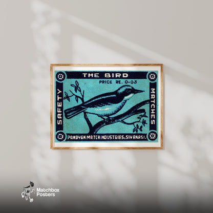 Blue Bird - vintage matchbox label print - bedroom mockup