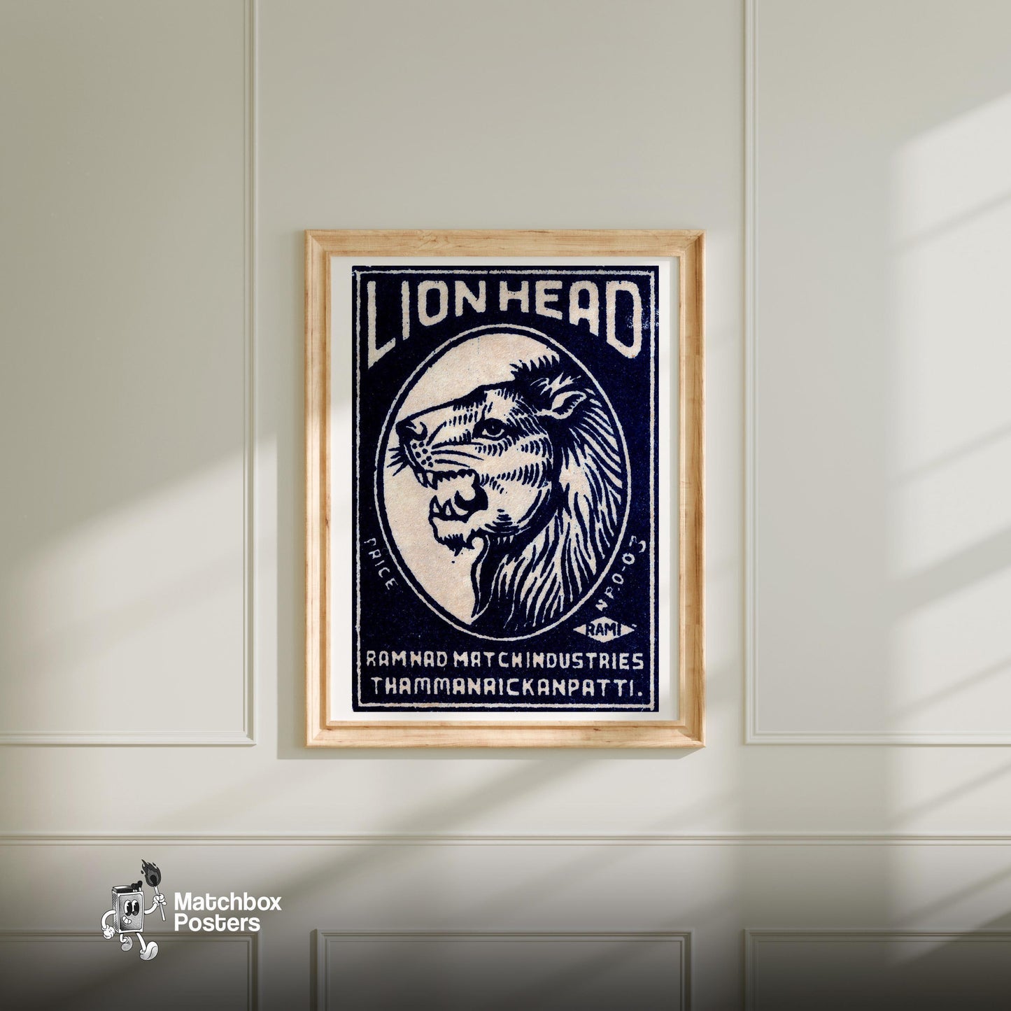 Lion Head - vintage matchbox label print - bedroom mockup