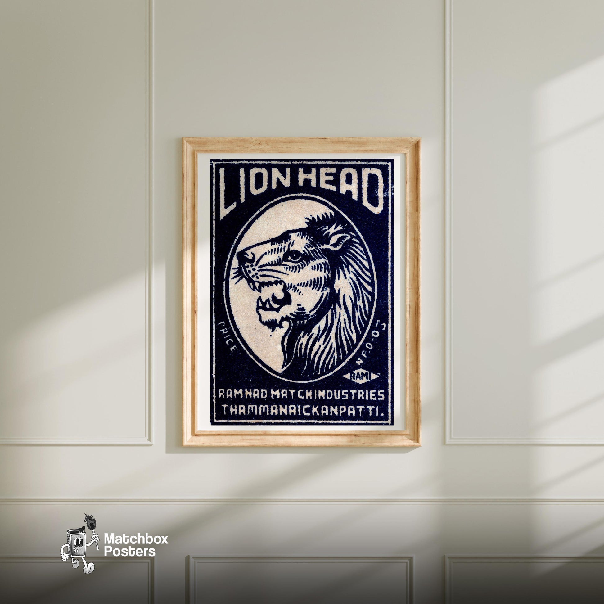 Lion Head - vintage matchbox label print - bedroom mockup