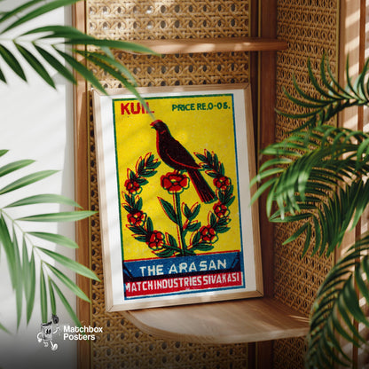 Black Bird Perched - vintage matchbox label print - office wall
