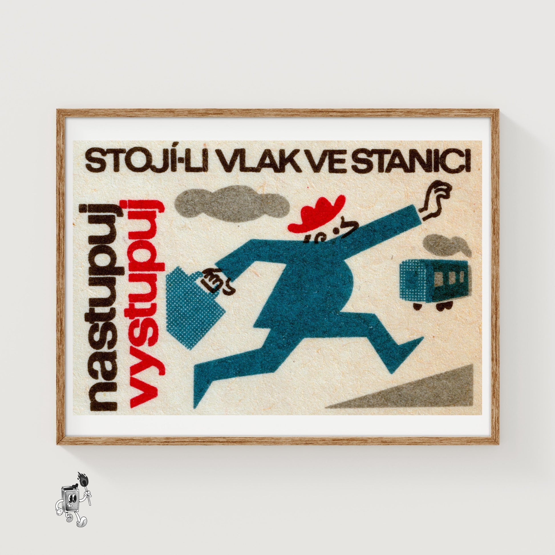 Man Chasing Train - vintage matchbox label print
