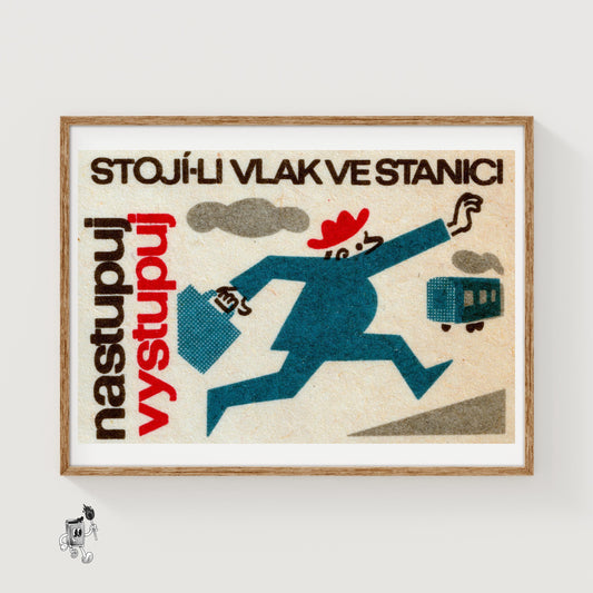 Man Chasing Train - vintage matchbox label print