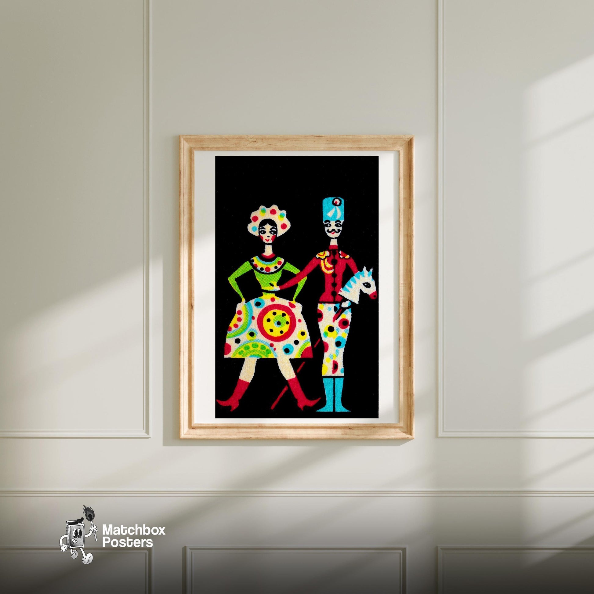 Circus Toy Dancers - vintage matchbox label print - bedroom mockup