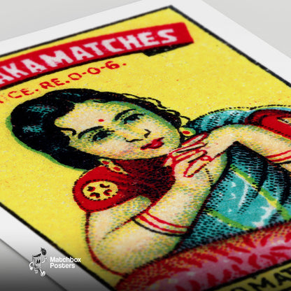 Indian Woman - vintage matchbox label print - close-up detail