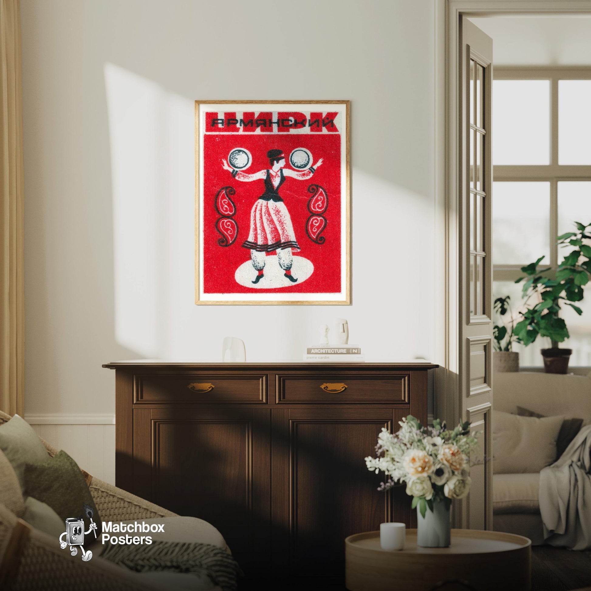 Dancer with Tambourines - vintage matchbox label print - living room mockup