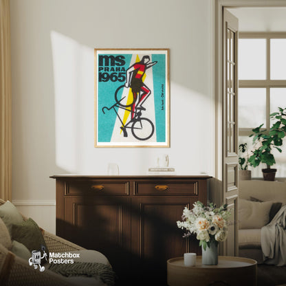 Stylized Cyclist - vintage matchbox label print - living room mockup