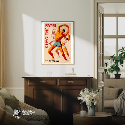 People Stretching - vintage matchbox label print - living room mockup