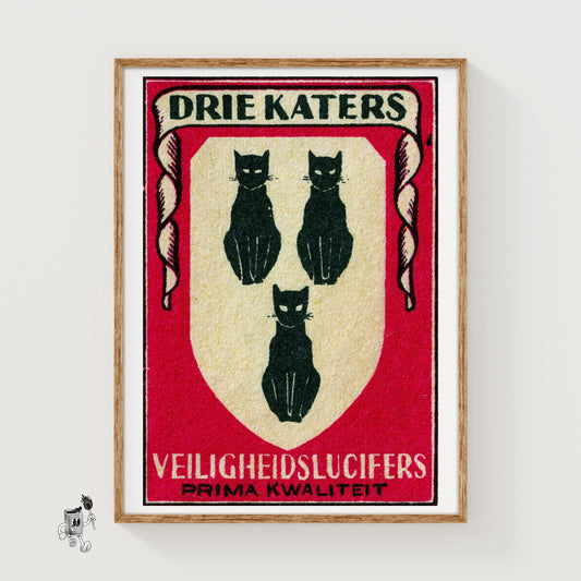 Three Cats - vintage matchbox label print
