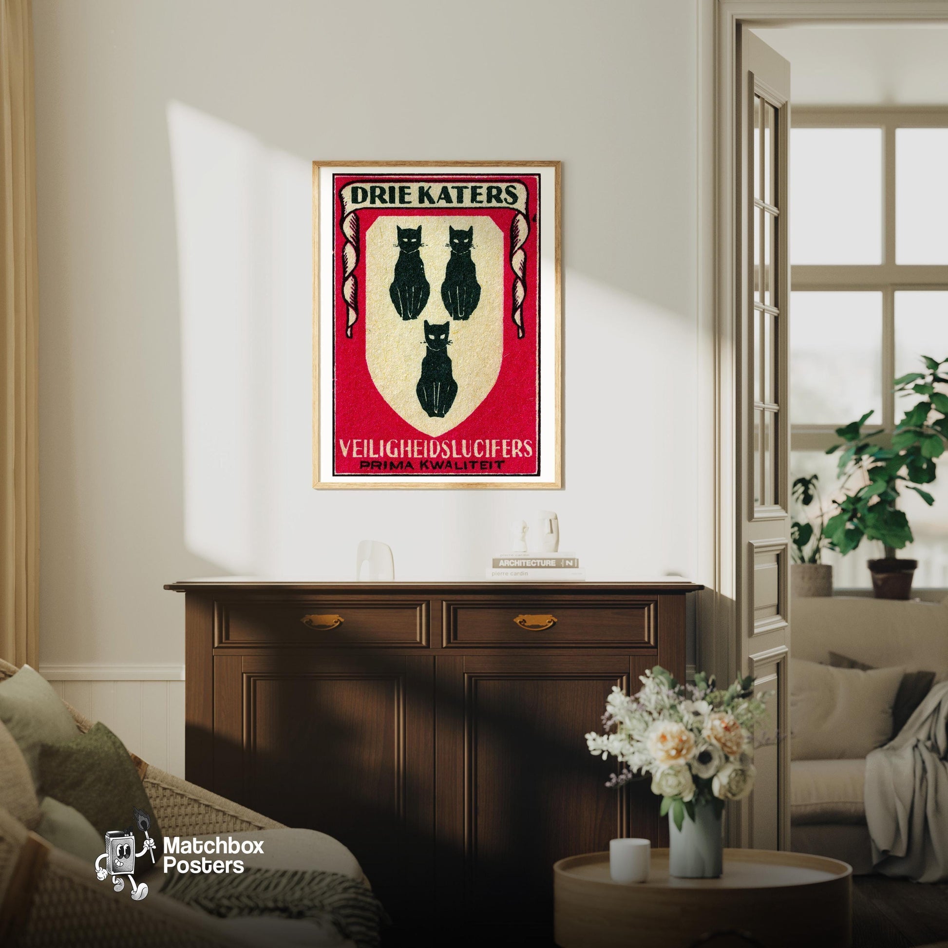 Three Cats - vintage matchbox label print - living room mockup