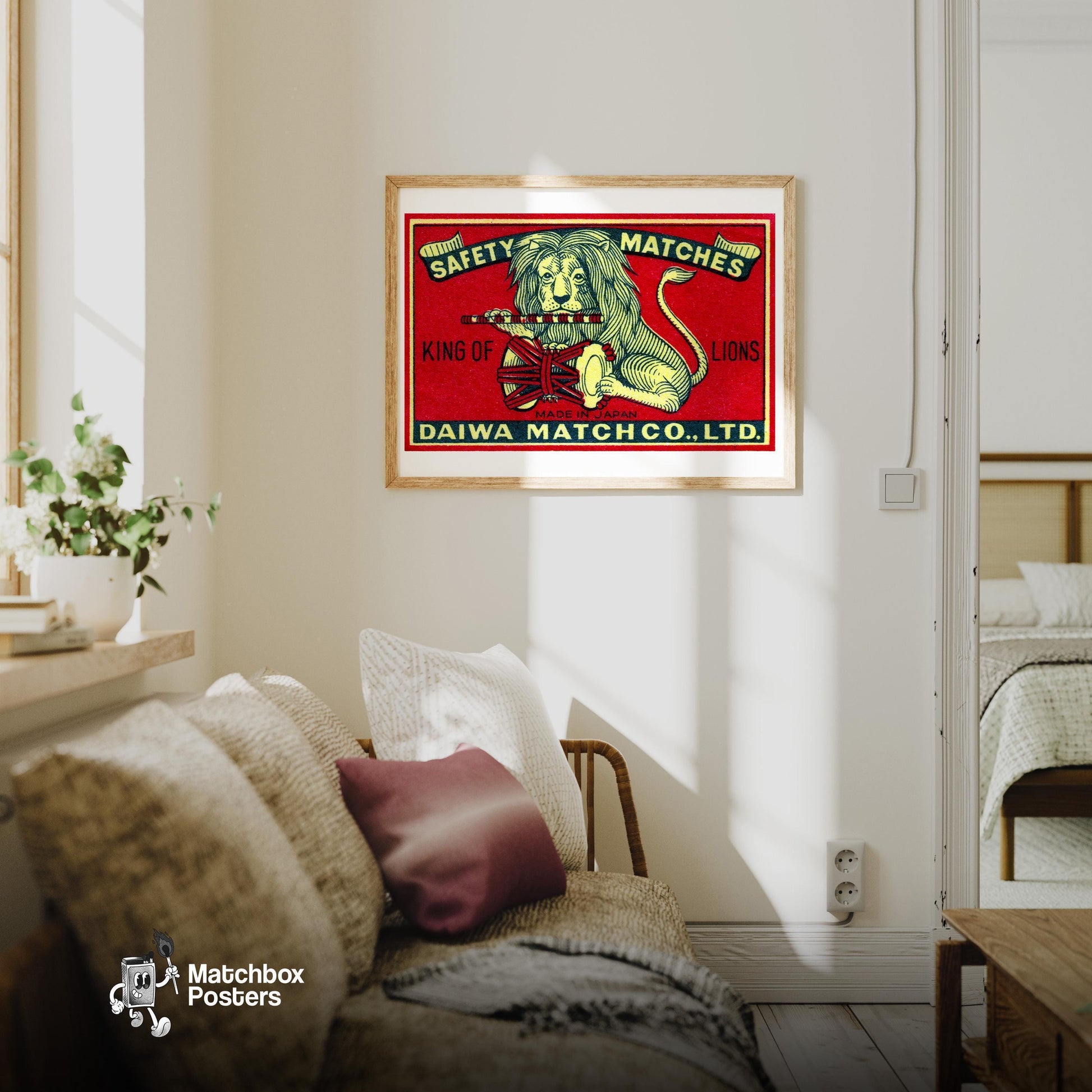 Yellow Japanese Lion - vintage matchbox label print - living room mockup