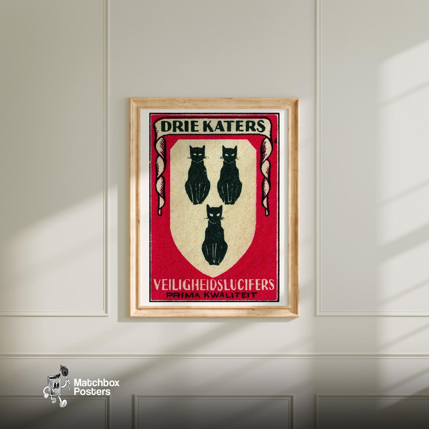 Three Cats - vintage matchbox label print - bedroom mockup