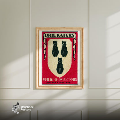 Three Cats - vintage matchbox label print - bedroom mockup