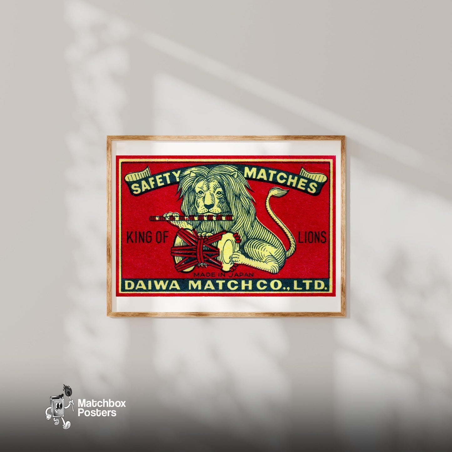 Yellow Japanese Lion - vintage matchbox label print - bedroom mockup
