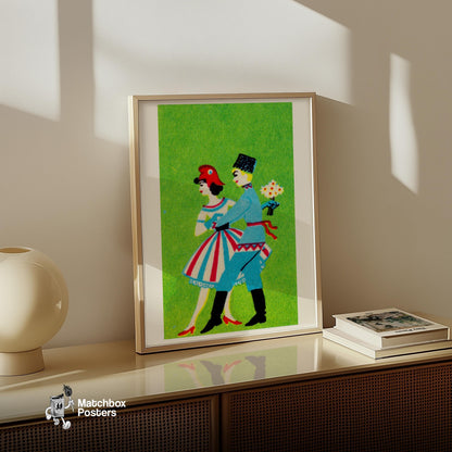 Traditional Dance Couple - vintage matchbox label print - size comparison