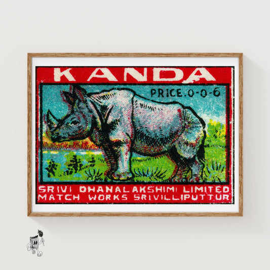 Rhinoceros - vintage matchbox label print