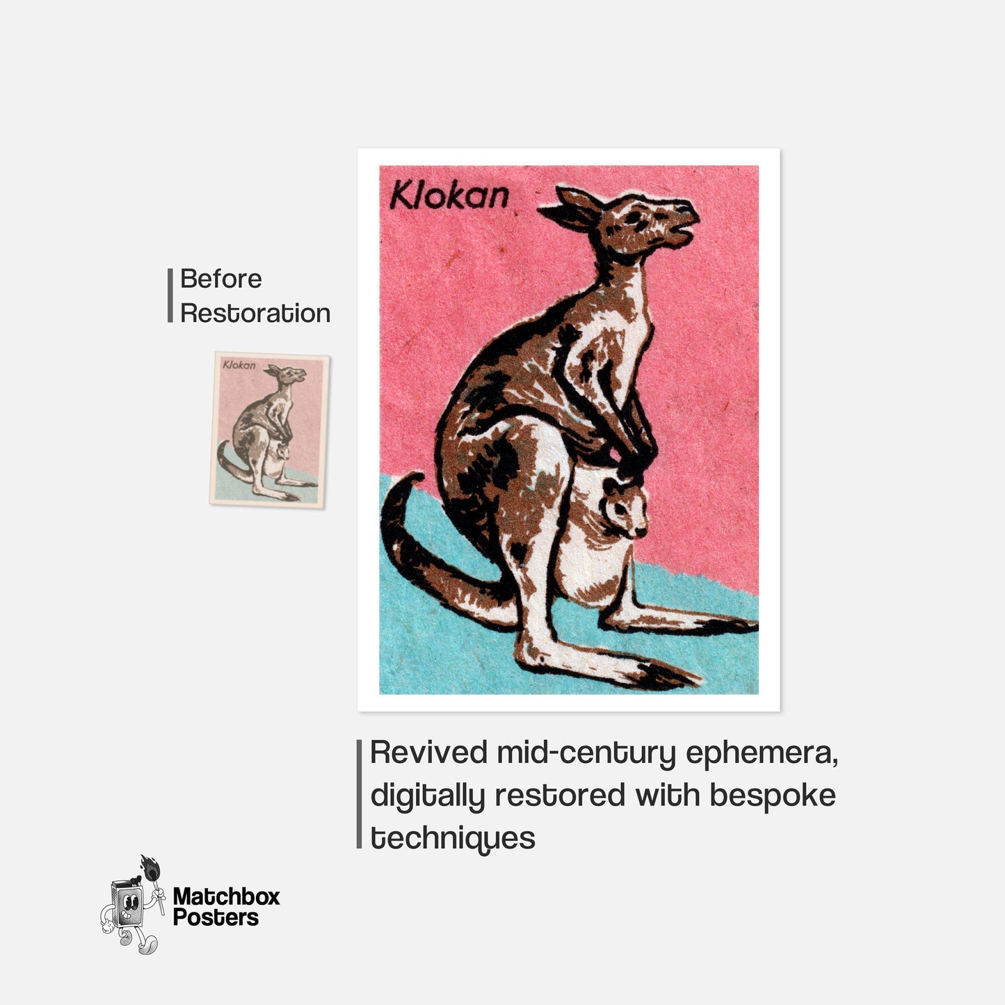 Kangaroo and Joey - vintage matchbox label print - framed wall art preview