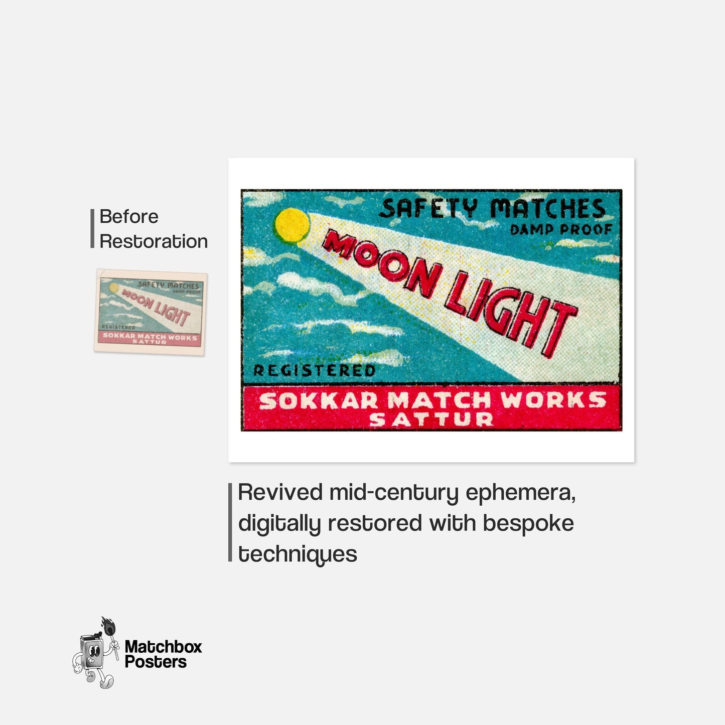 Moonlight - vintage matchbox label print - framed wall art preview
