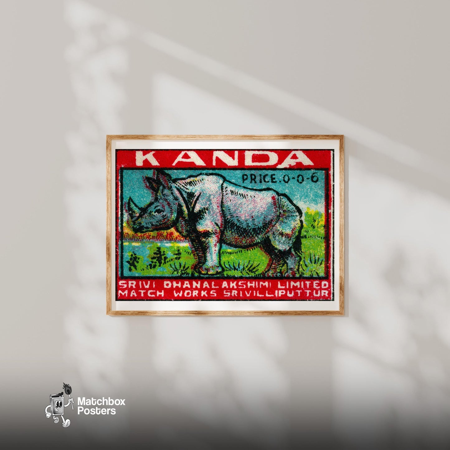 Rhinoceros - vintage matchbox label print - bedroom mockup