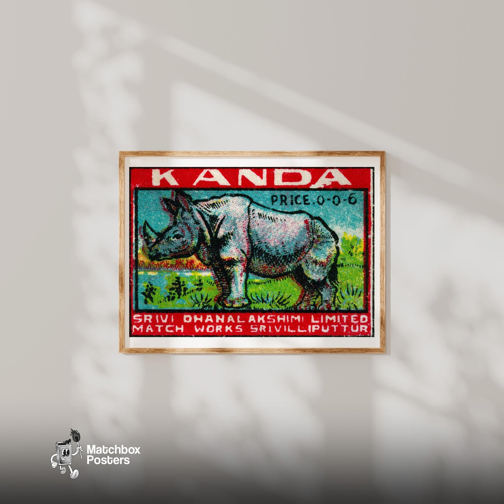 Rhinoceros - vintage matchbox label print - bedroom mockup
