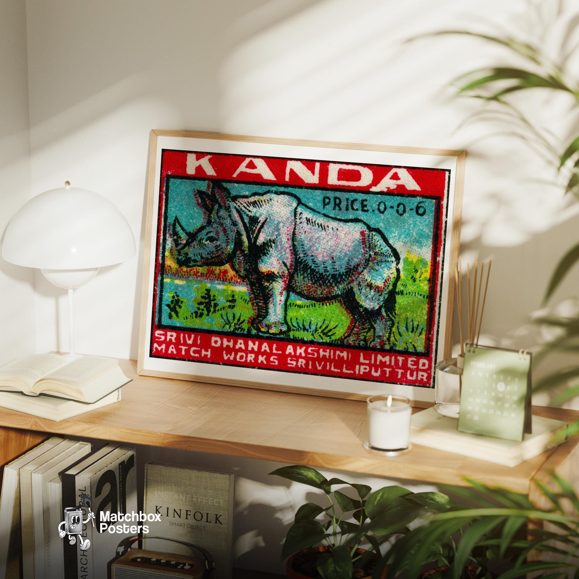 Rhinoceros - vintage matchbox label print - office wall