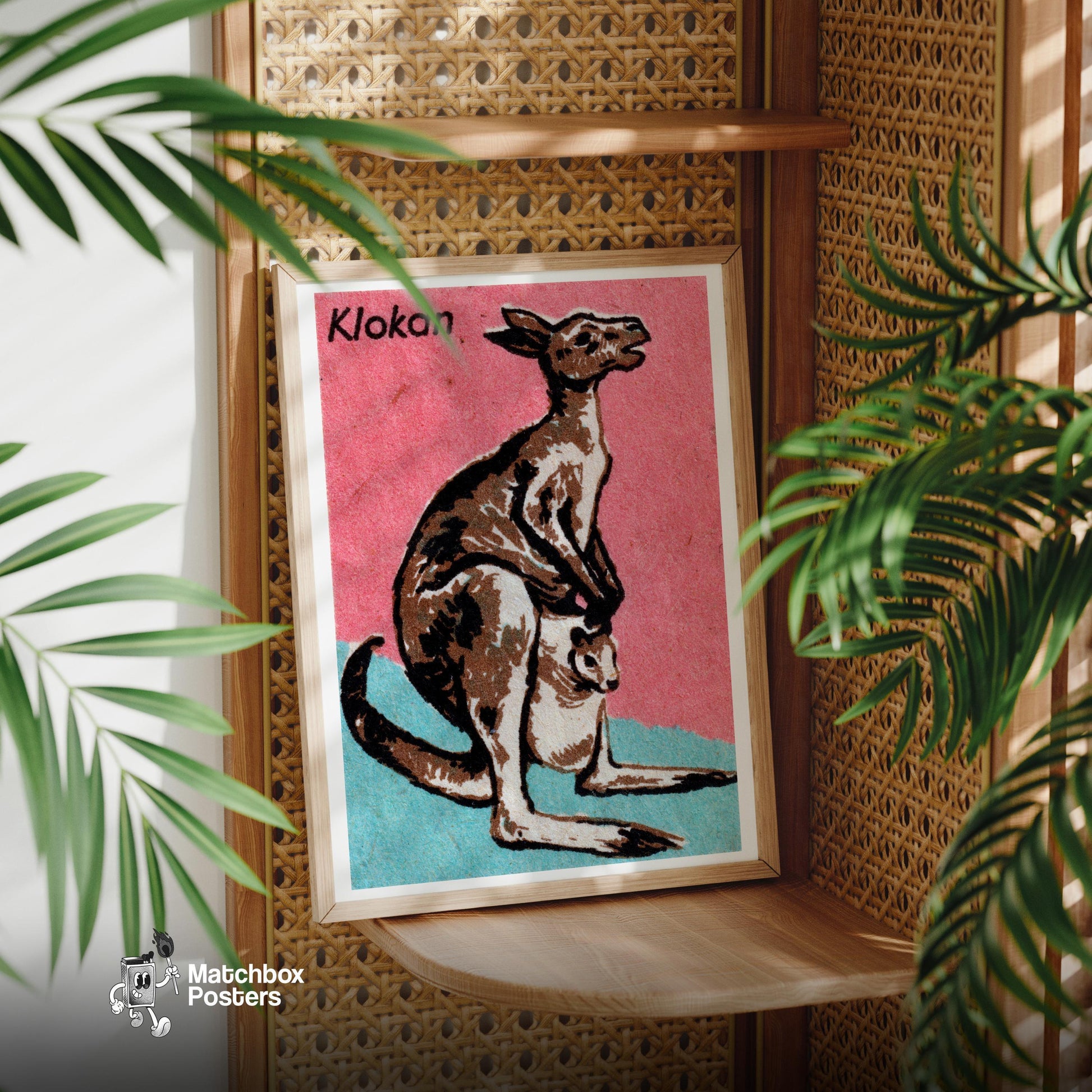 Kangaroo and Joey - vintage matchbox label print - office wall