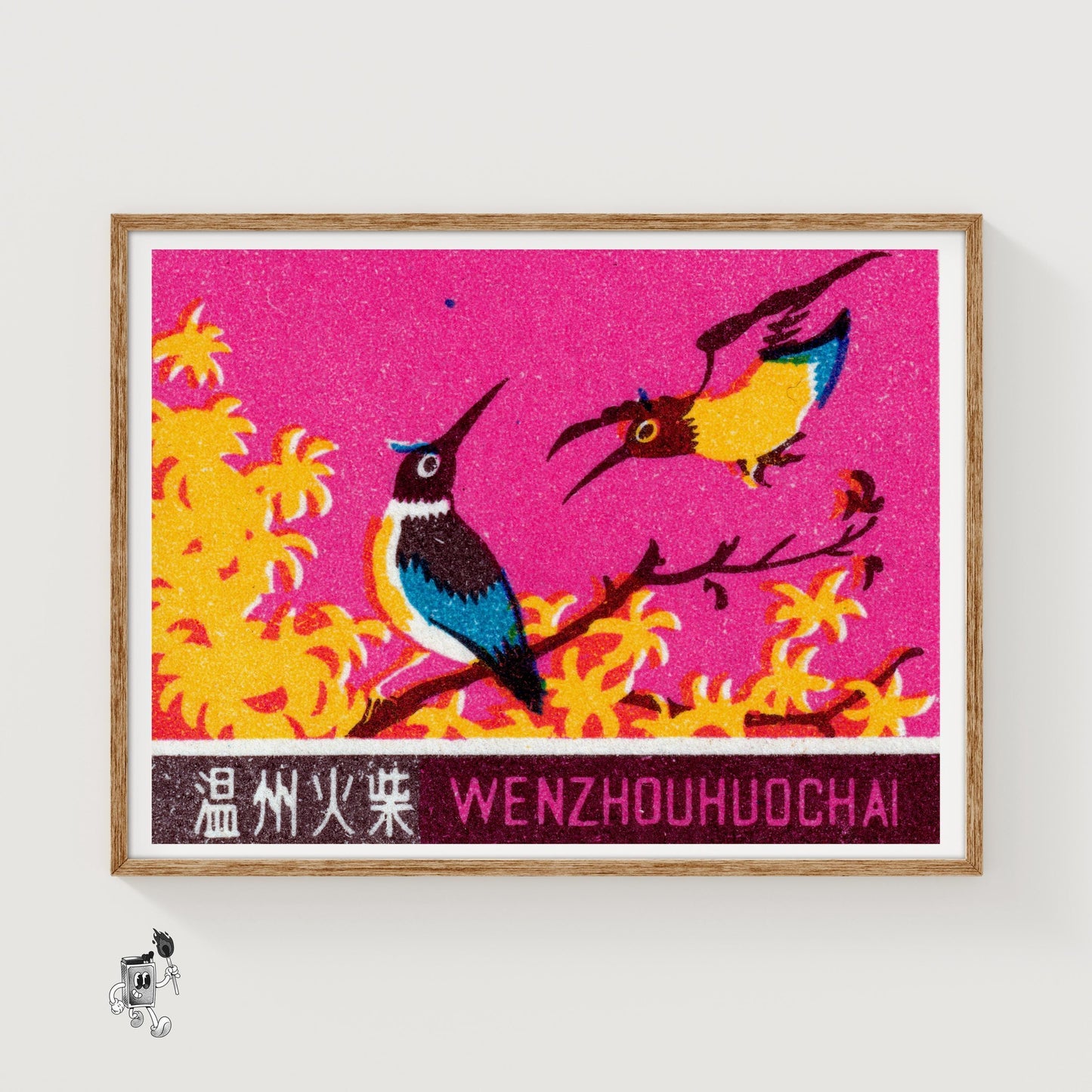 Two Colorful Birds WENZHOUHUOCHAI - vintage matchbox label print