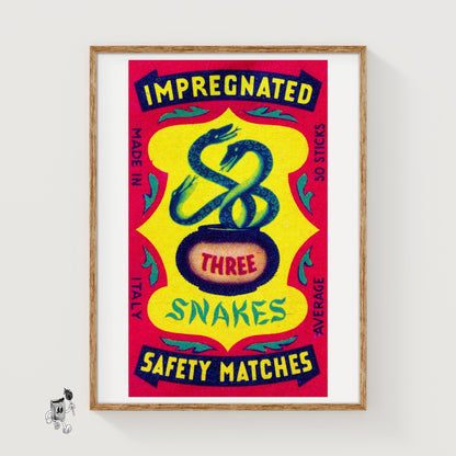 Three Snakes - vintage matchbox label print
