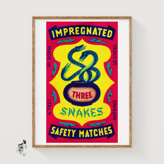 Three Snakes - vintage matchbox label print