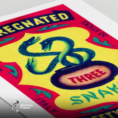 Three Snakes - vintage matchbox label print - close-up detail