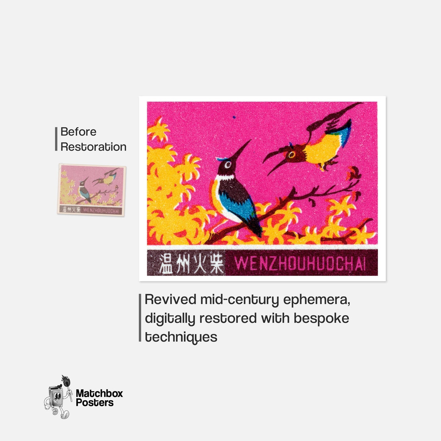 Two Colorful Birds WENZHOUHUOCHAI - vintage matchbox label print - framed wall art preview