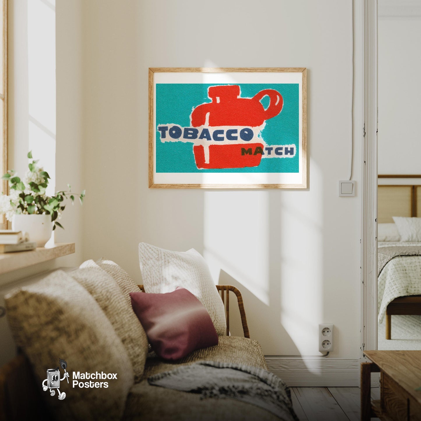 Red Flask Tobacco Match - vintage matchbox label print - living room mockup