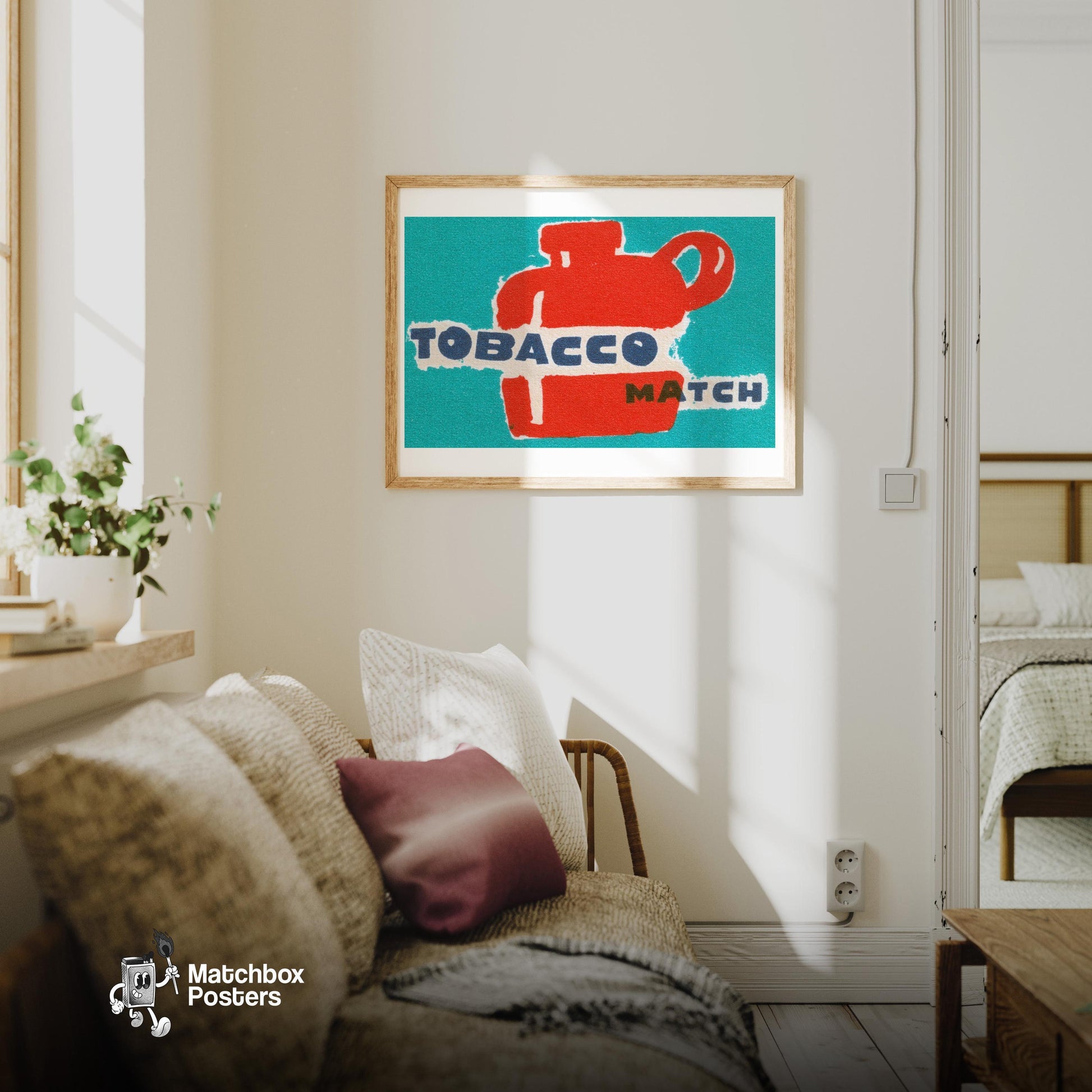 Red Flask Tobacco Match - vintage matchbox label print - living room mockup