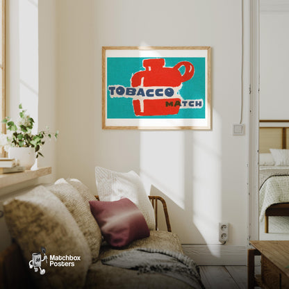 Red Flask Tobacco Match - vintage matchbox label print - living room mockup