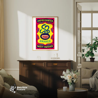 Three Snakes - vintage matchbox label print - living room mockup