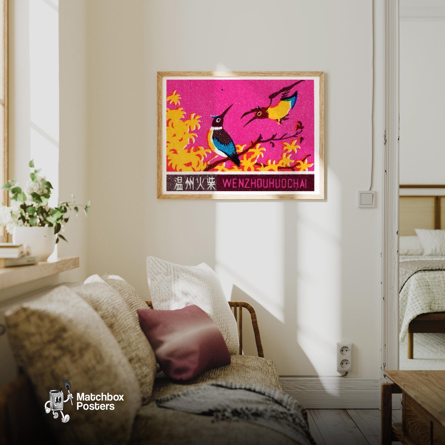 Two Colorful Birds WENZHOUHUOCHAI - vintage matchbox label print - living room mockup