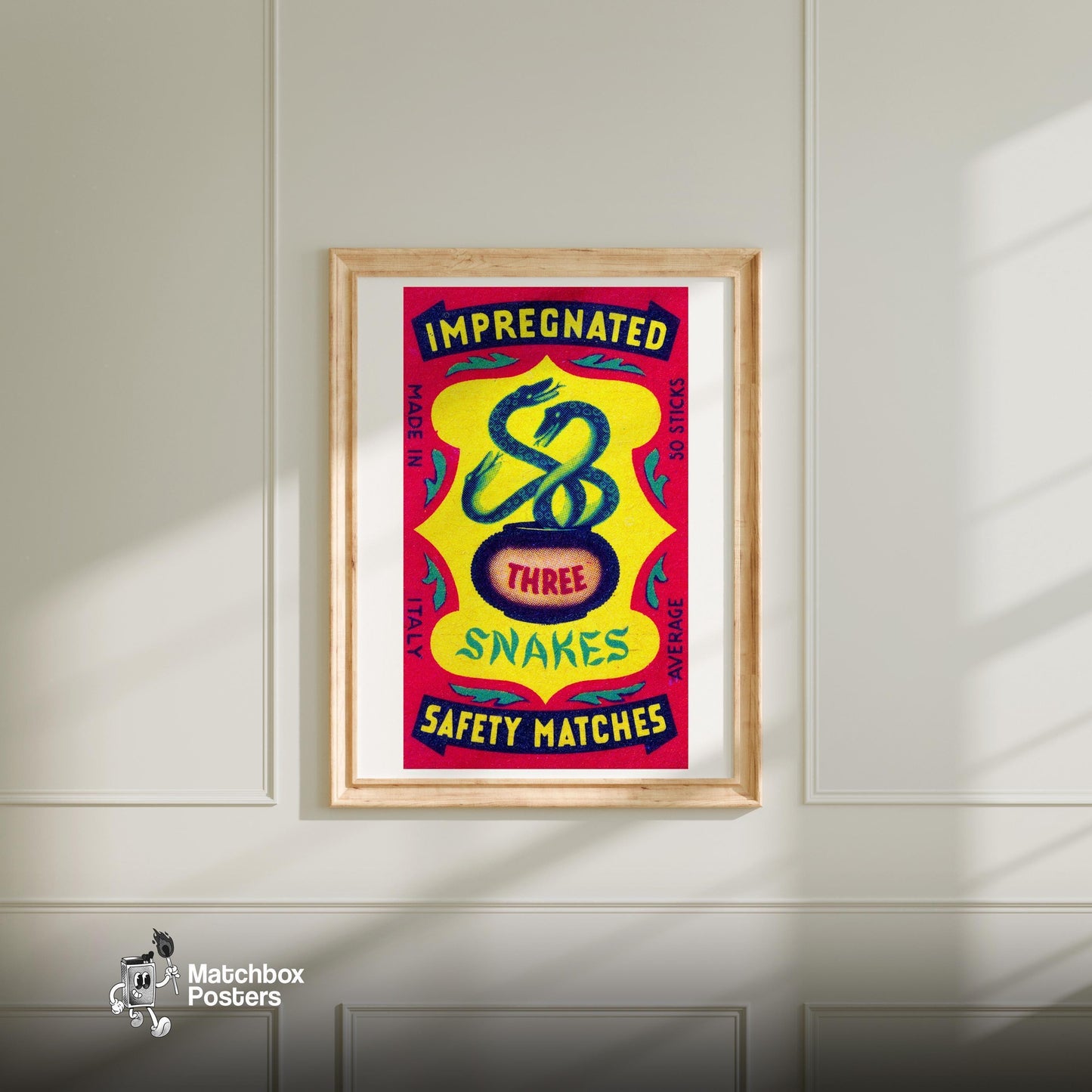 Three Snakes - vintage matchbox label print - bedroom mockup